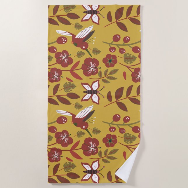 Blume mit nahtlosem Blumenmuster, Schmetterling, r Strandtuch (Vorderseite)