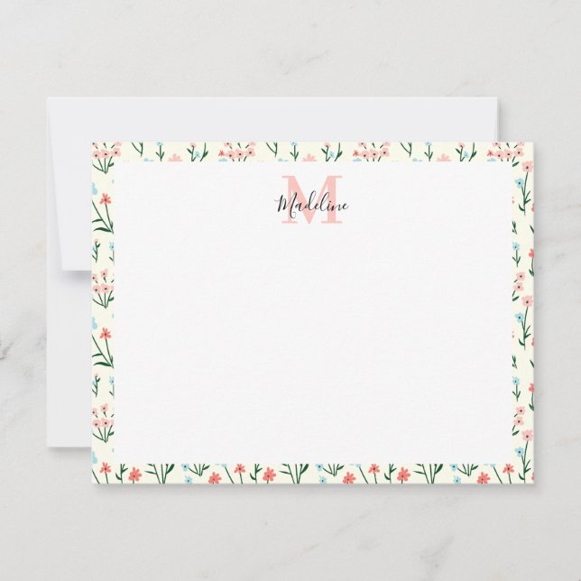 Blume mit niedlicher einfacher Rose Rosa Monogramm Mitteilungskarte (Vorderseite)