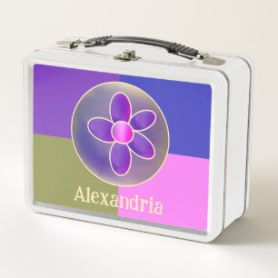 Blume mit personalisiertem Namen Lila Hot Pink Metall Brotdose