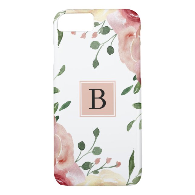 Blume mit rosa Wasserfarben und einfachem Monogram Case-Mate iPhone Hülle (Rückseite)