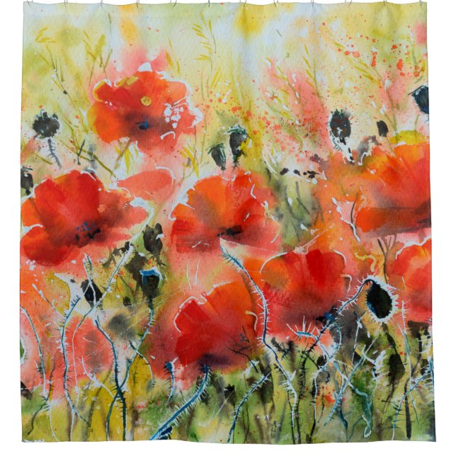 Blume mit rotem Mohn mit Wasserfarbe. Blume Duschvorhang (Vorderseite)