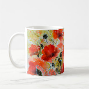 Blume mit rotem Mohn mit Wasserfarbe. Blume Kaffeetasse
