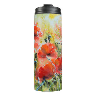 Blume mit rotem Mohn mit Wasserfarbe. Blume Thermosbecher