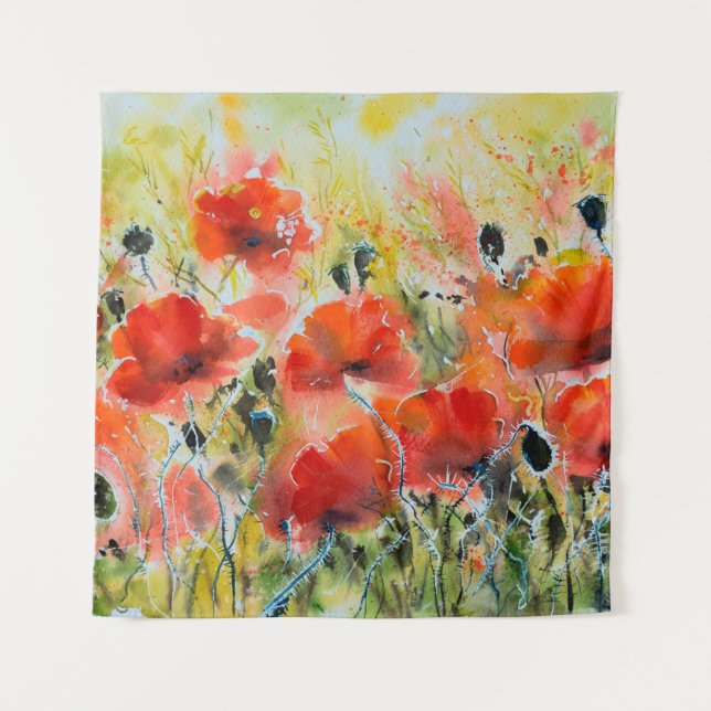 Blume mit rotem Mohn mit Wasserfarbe. Blume Wandteppich (Vorderseite)