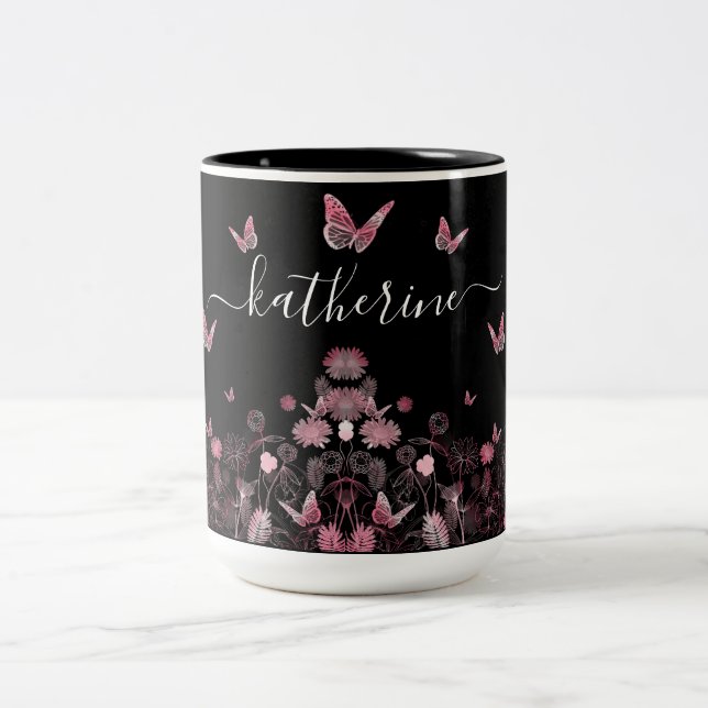 Blume mit Schmetterlingen Zweifarbige Tasse (Mittel)