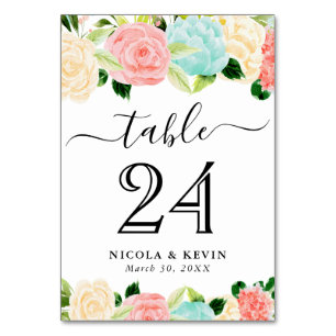 Blume mit Wasserfarbe Rosa und Minze Hochzeit Tischnummer