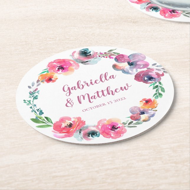 Blume mit Wasserfarben Moderne Elegante Hochzeit Runder Pappuntersetzer (Angewinkelt)