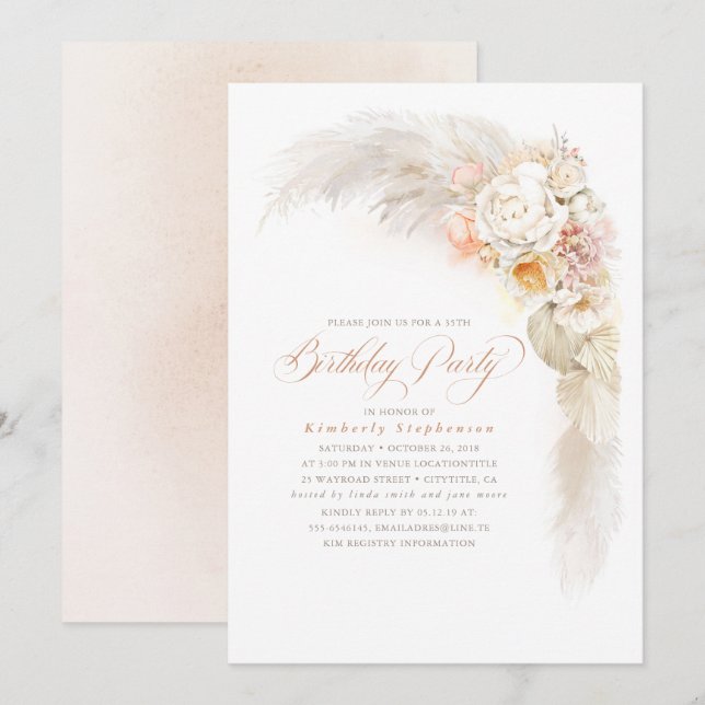 Blume mit weichem Pastell und Pampas Grass Boho zu Einladung (Vorne/Hinten)