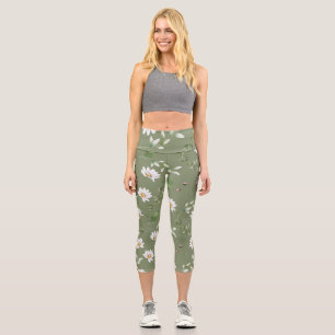 Blume mit weißem Blütenblättern auf olivgrünem Hin Capri Leggings