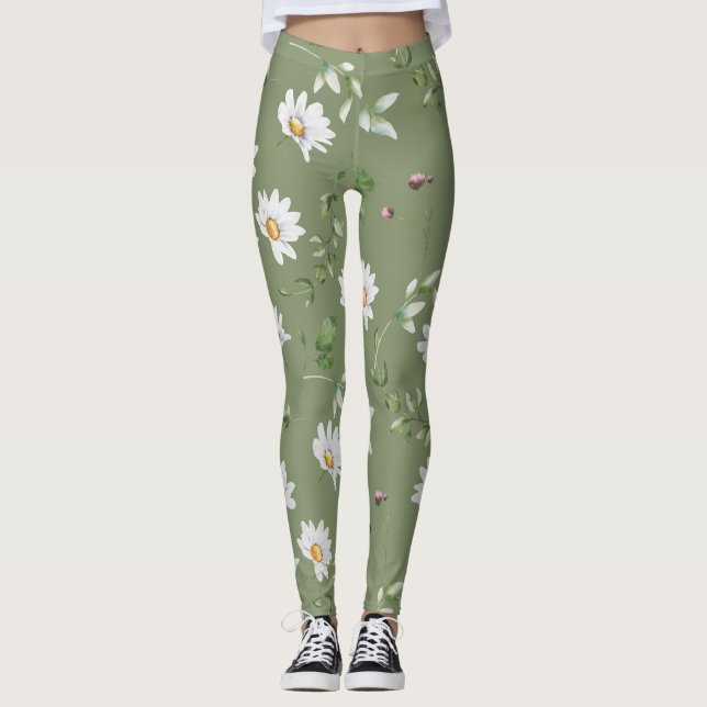 Blume mit weißem Blütenblättern auf olivgrünem Hin Leggings (Vorderseite)