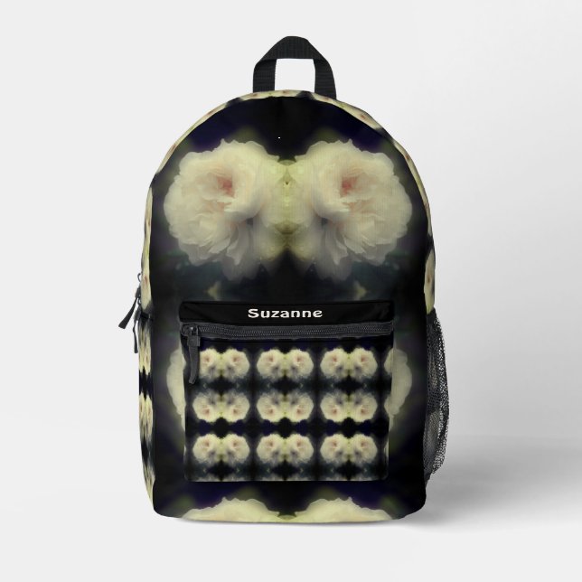 Blume mit weißer Rose in voller Blüte Personalisie Bedruckter Rucksack (Vorderseite)
