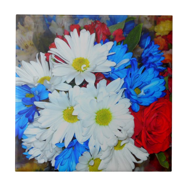 Blume Mix Tile mit hellweißem und blauem Daisy Fliese (Vorderseite)