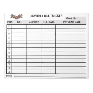 Blume Monatliche Bill Tracker Notepad Personalisie Notizblock