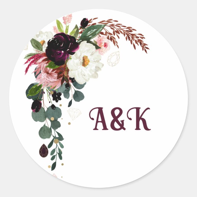 Blume MONOGRAMM boho burgundy Bouquet Runder Aufkleber (Vorderseite)