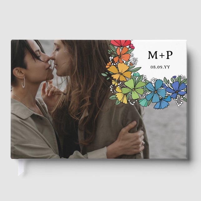 Blume Monogramm Foto LGBTQ Hochzeit Gästebuch (Vorderseite)