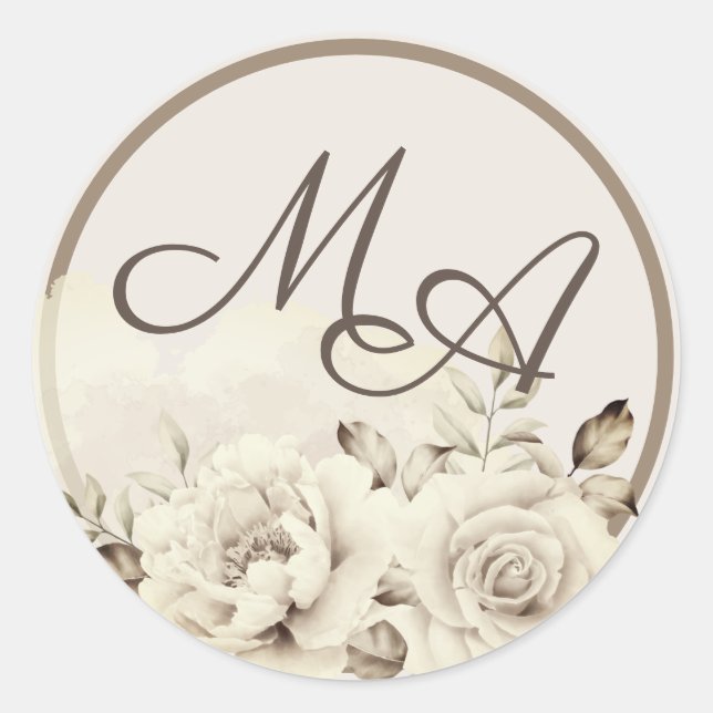 Blume Monogramm rustikale Rosen Hochzeitsticker Runder Aufkleber (Vorderseite)
