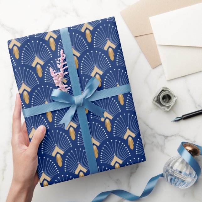 Blume Motif: Blau, Gold und Weiß Deco Fan Geschenkpapier (Schenken)