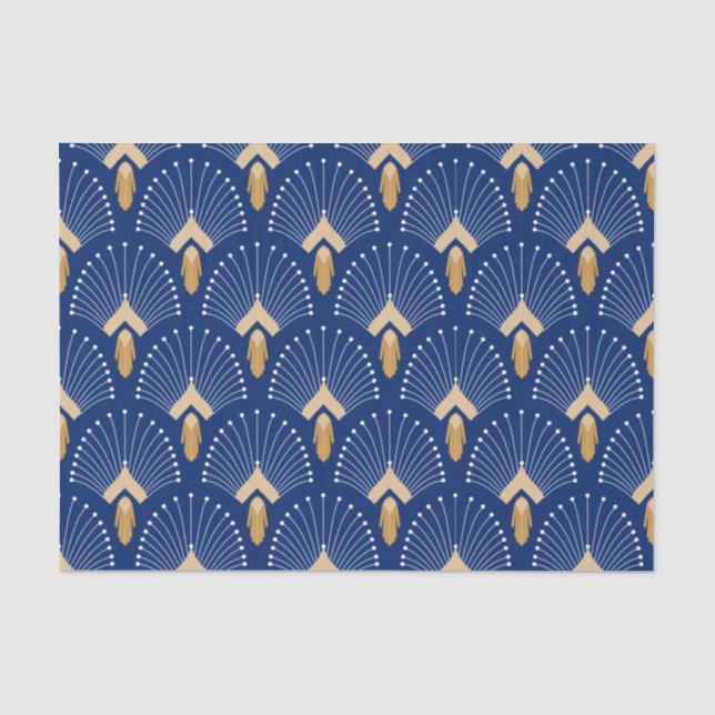 Blume Motif: Blau, Gold und Weiß Deco Fan Seidenpapier (Vorderseite)
