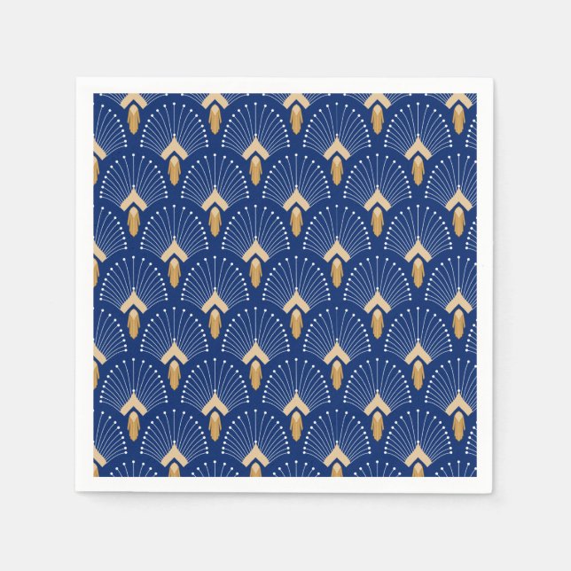 Blume Motif: Blau, Gold und Weiß Deco Fan Serviette (Vorderseite)