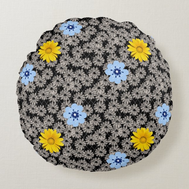Blume Muster 19 b. Black BG Rundes Kissen (Vorderseite)