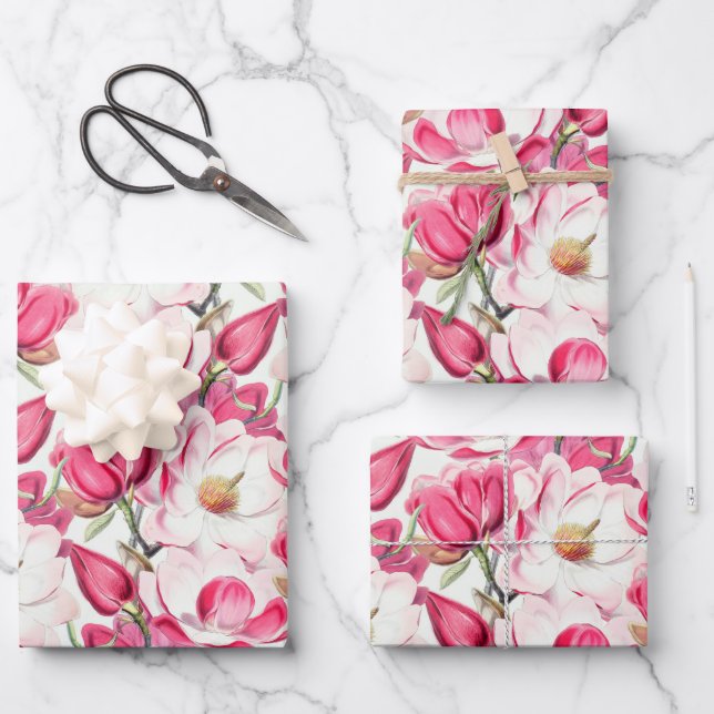 Blume Muster Aquarellfarbe Rosa Geschenkpapier Set (Vorderseite)
