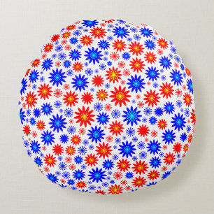 Blume Muster - Blues mit Rot, Gelb und Weiß Rundes Kissen
