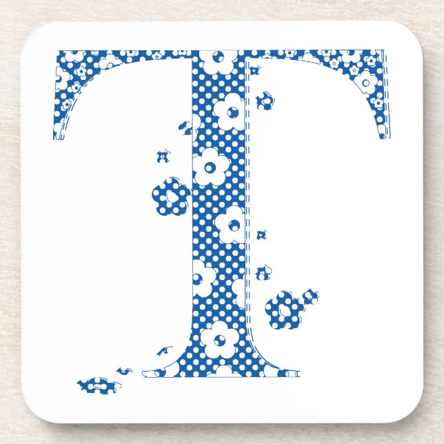 Blume Muster Buchstaben T (blau) Untersetzer (Vorderseite)