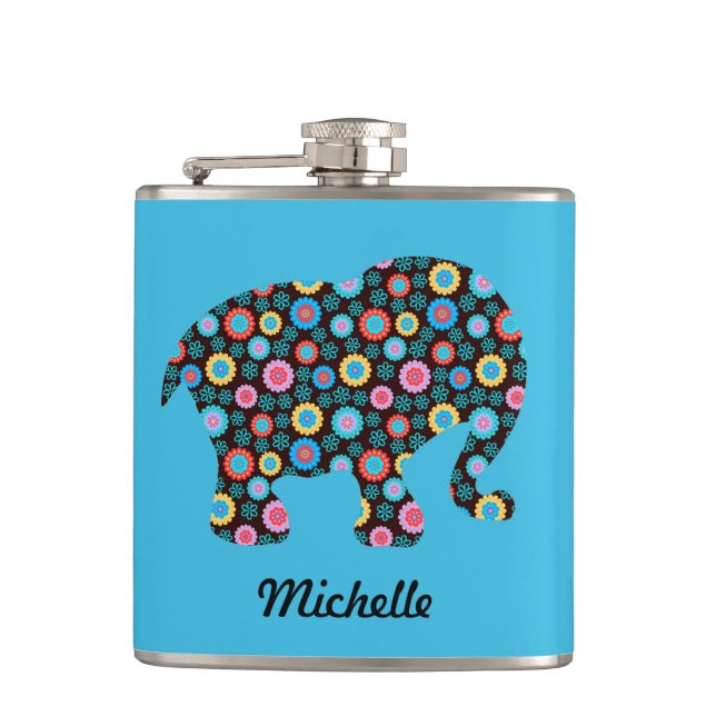 Blume Muster Elephant auf Blue Personalisiert Flachmann (Vorderseite)