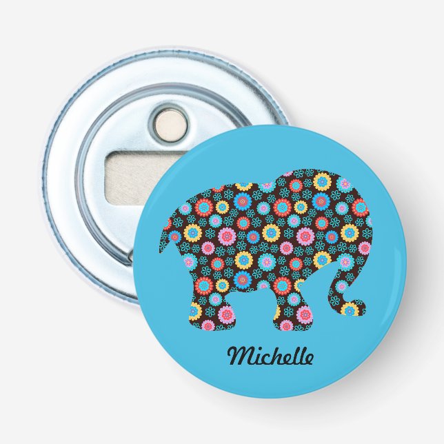 Blume Muster Elephant auf Blue Personalisiert Flaschenöffner (Vorderseite)