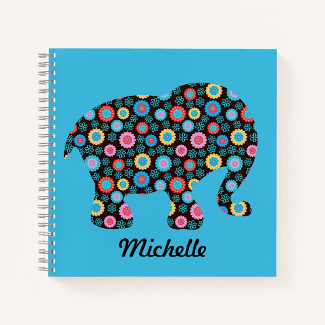 Blume Muster Elephant auf Blue Personalisiert Notizbuch (Vorderseite)