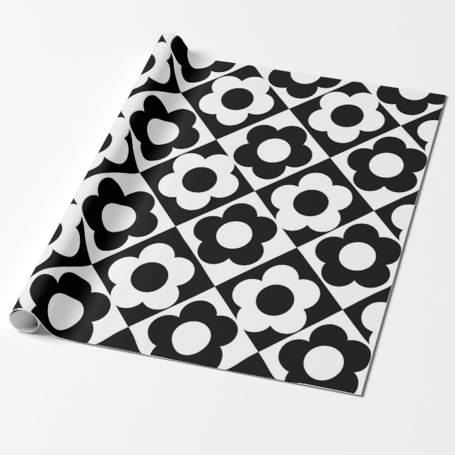 Blume-Muster für Schwarzweiß-Diamant-Karo Geschenkpapier (Ungerollt)