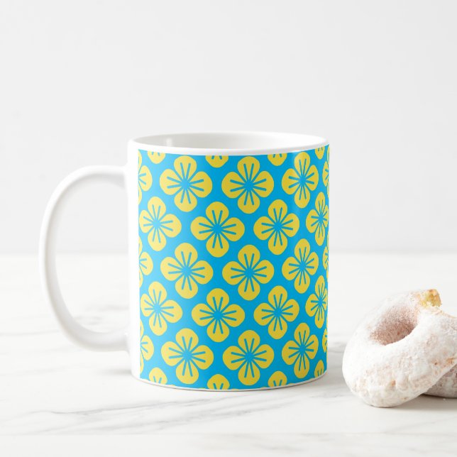 Blume Muster in Gelb und Türkis Kaffeetasse (Mit Donut)