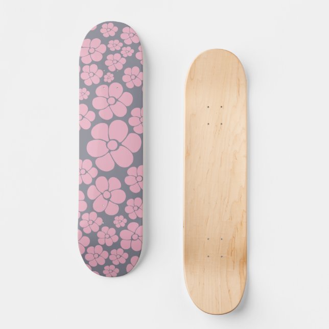 Blume Muster in Grau und Rosa Skateboard (Vorderseite)