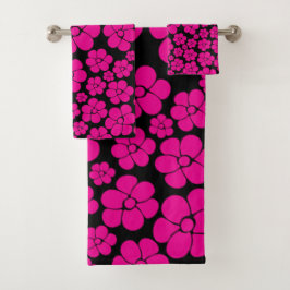 Blume Muster - Magenta und Schwarz Badhandtuch Set