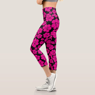 Blume Muster - Magenta und Schwarz Capri Leggings