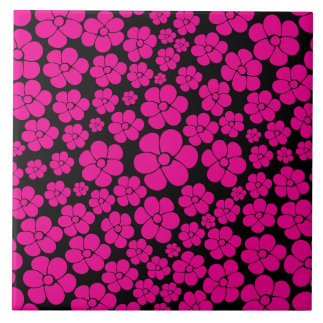 Blume Muster - Magenta und Schwarz Fliese (Vorderseite)