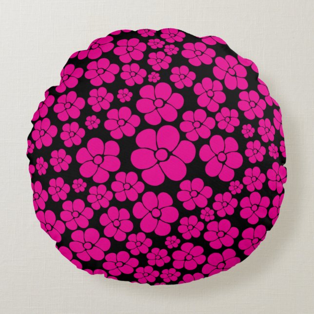 Blume Muster - Magenta und Schwarz Kissen (Vorderseite)