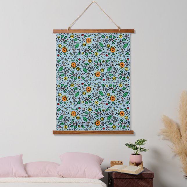 Blume Muster orange Schwenken Berry auf Aquamarin  Wandteppich Mit Holzrahmen (Schlafzimmer)