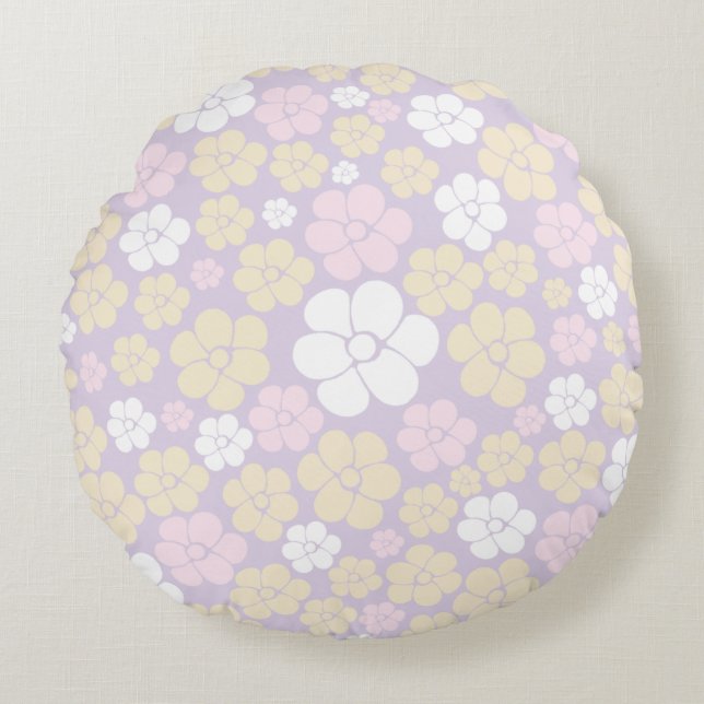Blume Muster - Pastellrosa, Gelb und Lila Rundes Kissen (Vorderseite)