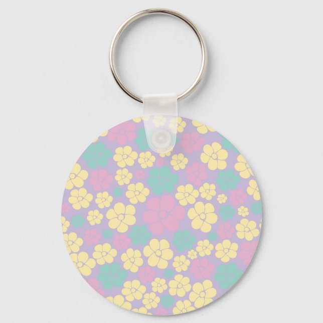 Blume Muster - Rosa, Gelb, Lila und Grün Schlüsselanhänger (Vorderseite)