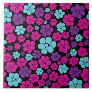 Blume Muster - Rosa, Lila, Blau und Schwarz Fliese