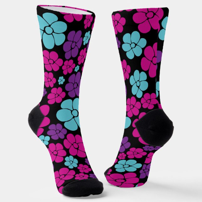 Blume Muster - Rosa, Lila, Blau und Schwarz Socken (Gewinkelt)