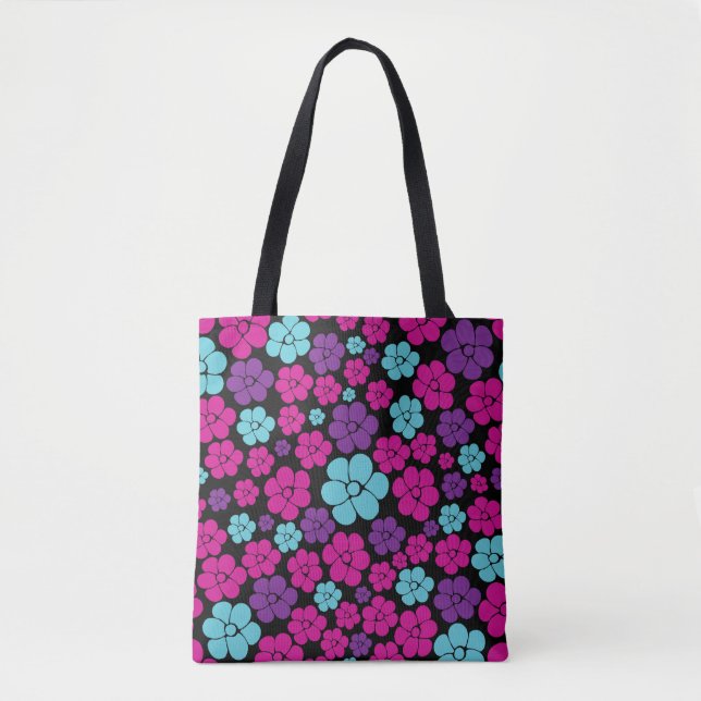 Blume Muster - Rosa, Lila, Blau und Schwarz Tasche (Vorderseite)