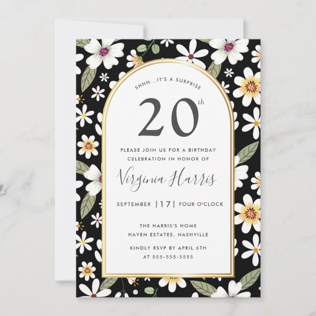 Blume Muster Schwarz 20. Geburtstag Einladung (Vorderseite)