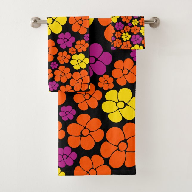 Blume Muster - Schwarz, Rosa, Orange und Gelb Badhandtuch Set (Insitu)