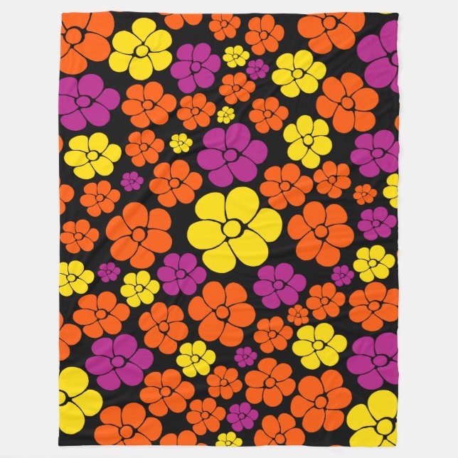 Blume Muster - Schwarz, Rosa, Orange und Gelb Fleecedecke (Vorderseite)