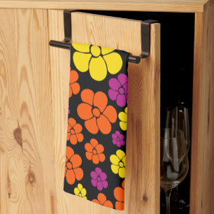 Blume Muster - Schwarz, Rosa, Orange und Gelb Geschirrtuch