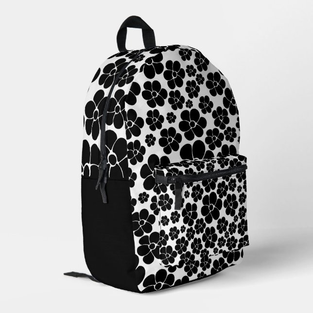 Blume Muster - Schwarz und Weiß Bedruckter Rucksack (Rückseitige Ecke links)