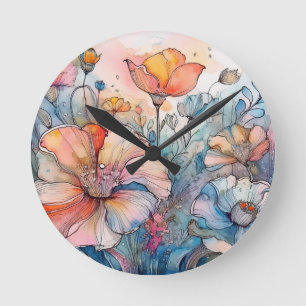 Blume Muster Wasserfarbe Runde Wanduhr