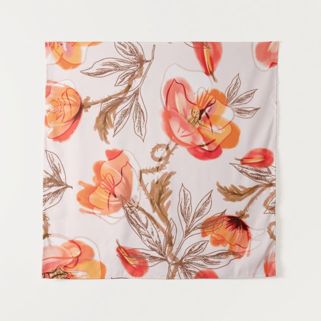 Blume Nahtloses Muster auf Beige Backgr Wandteppich (Vorderseite)